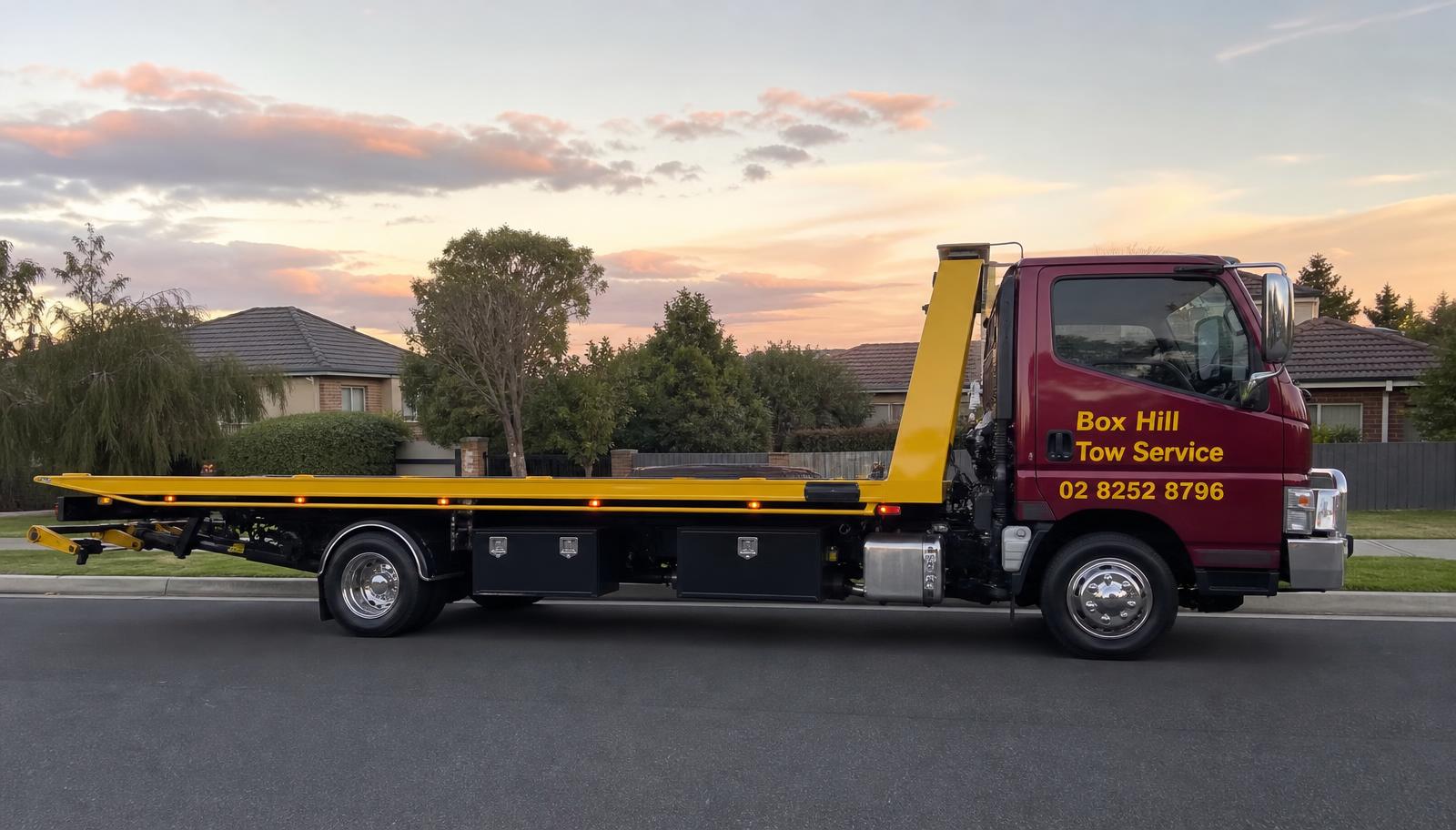 Box Hill Tow Service maroon and yellow flatbed tow truck on a Box Hill street